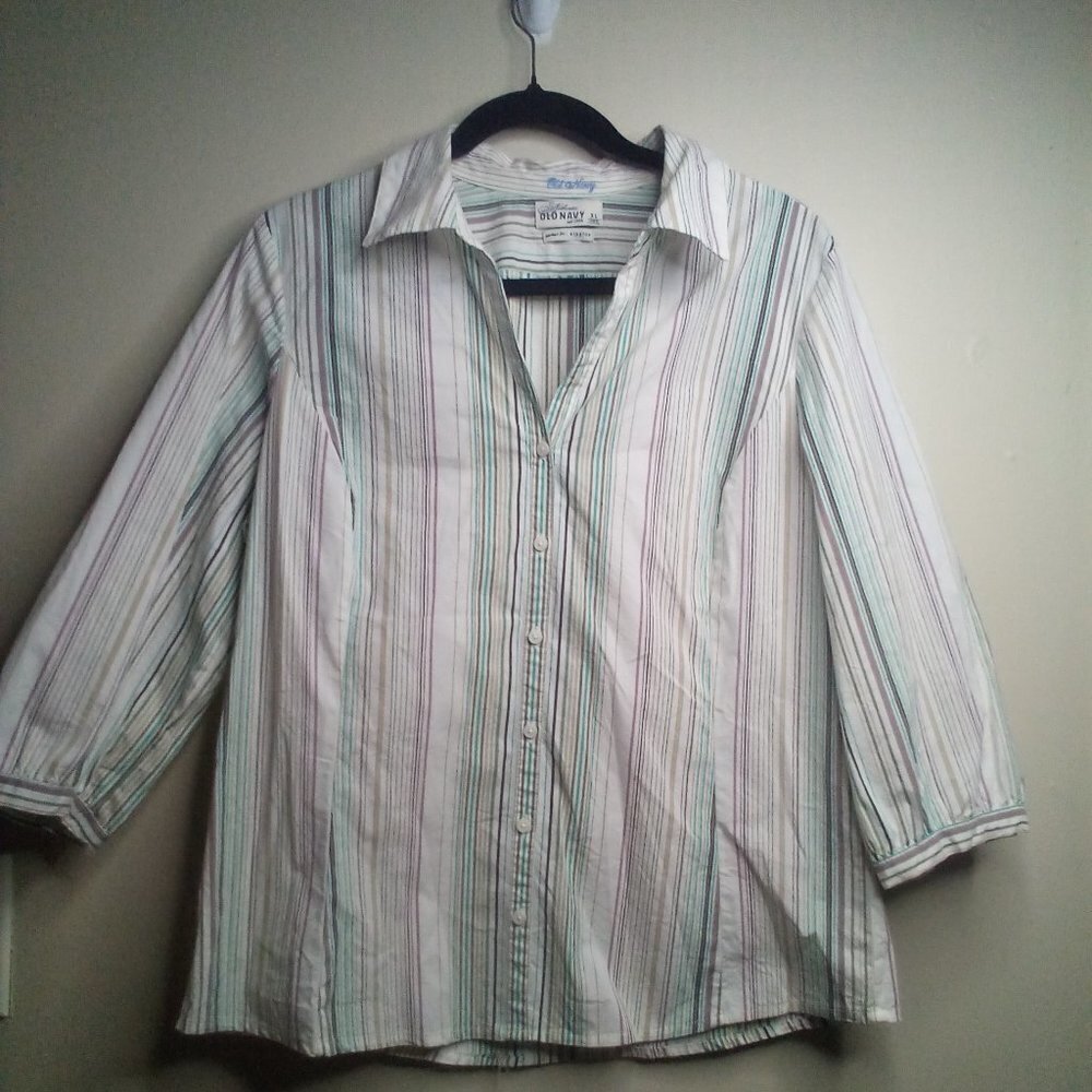 Old Navy Button Up Shirt XL Women 3/4 Sleeve Stripe Multi-Color